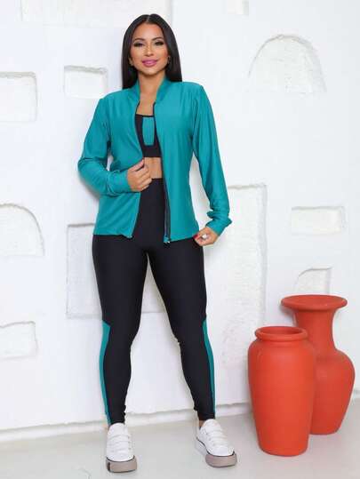 Kit Fitness Jaqueta Bomber + Top + Calça em Dry Fit