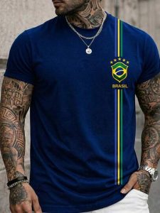 Camiseta Masculina Blusa Brasil 3 Listra T-shirt Verão Manga Curta Camisa Algodão Premium