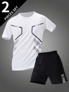 Conjunto Roupa de Verão Masculina, Camiseta Esportiva Casual de Gola Redonda + Shorts