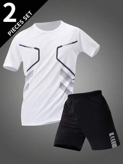 Conjunto Roupa de Verão Masculina, Camiseta Esportiva Casual de Gola Redonda + Shorts