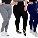 KIT TRÊS Calças LEGGINGS, Feminina, Suplex, Academia Fitness Treino Preta, Cinza e Azul – Dandi Modas Ltda