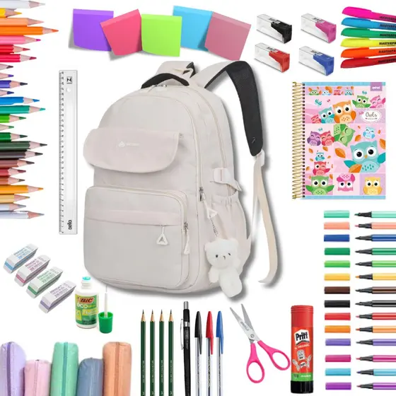 Kit Material Escolar Feminino Juvenil Ensino Médio Completo Cor da Mochila:Bege – oem