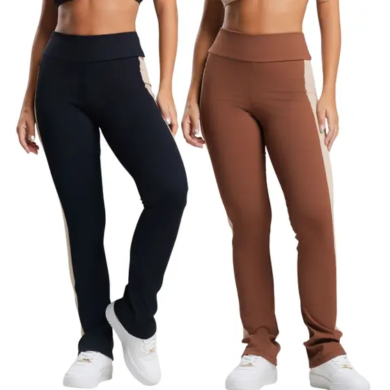 KIT 2 Calça Fitness Canelado Feminino Bella Fiore Academia Cintura Alta Poliamida Fitness Musculação Tamanho:GCor:Preto