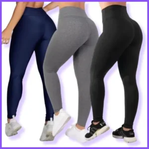 KIT TRÊS Calças LEGGINGS, Feminina, Suplex, Academia Fitness Treino Preta, Cinza e Azul – Dandi Modas Ltda