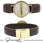Pulseira de Couro Magnética Feminina Marrom Nossa Senhora Aparecida Fundo Madrepérola Religiosa Estilo Relógio – GRANADO ACESSÓRIOS