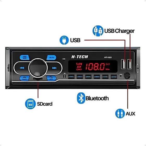 Rádio Automotivo Para Carro 1Din Bluetooth FM SD 2 USB Bluetooth com Controle Remoto e Entrada Auxiliar HTech HT1023 – H-Tech